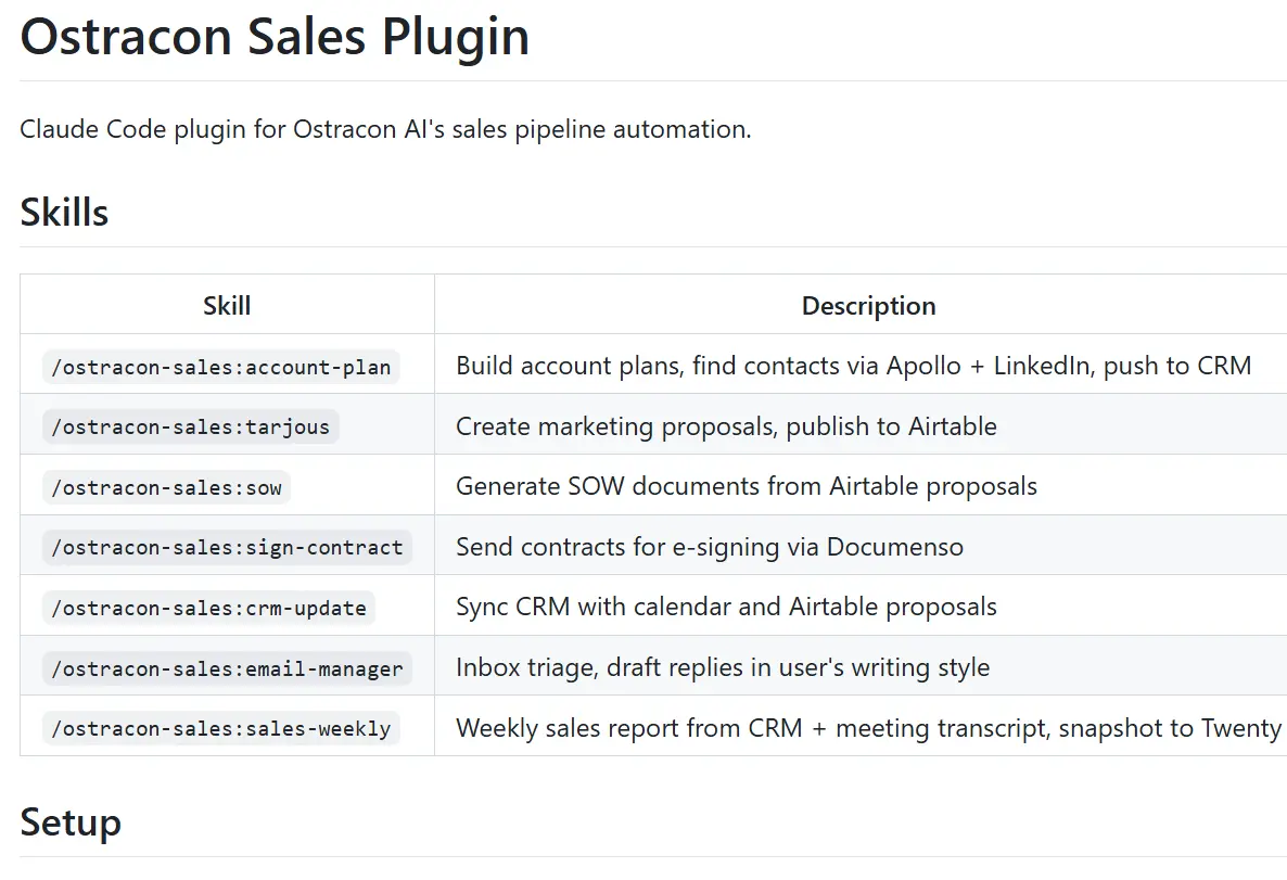 Ostracon Sales Plugin — 7 Claude Code skills for sales pipeline automation